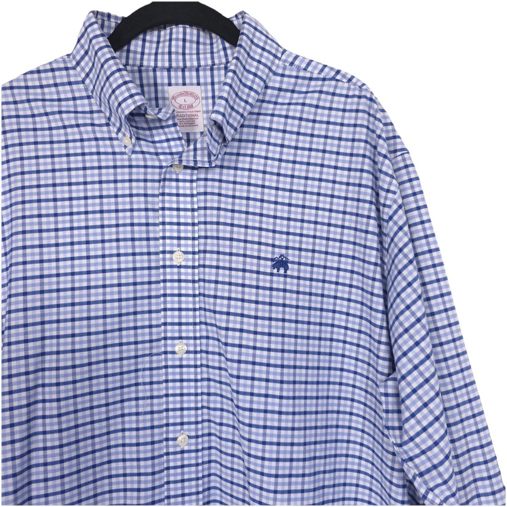 BROOKS BROTHERS‎ Men's Shirt LARGE Blue Plaid TRADITIONAL NON IRON Stretch LOGO